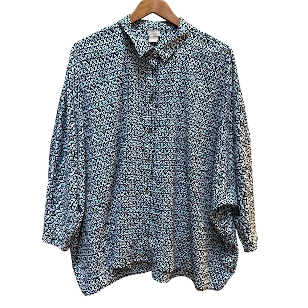Chico's Blouse Button Front Women Black Blue Date Night Career Office Size 20-22